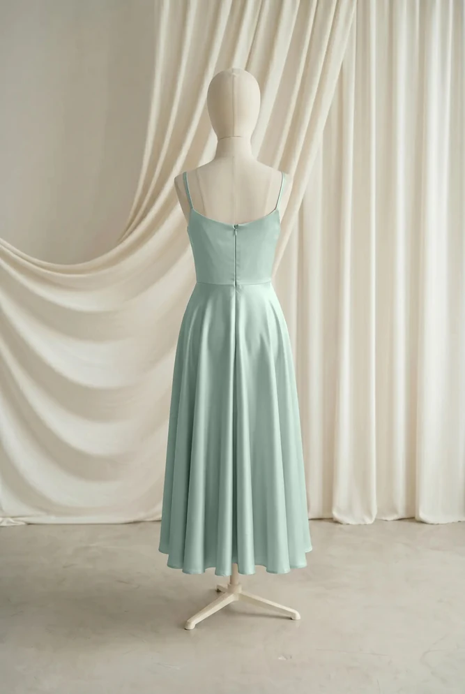 Tilly Green Satin Junior Bridesmaid Dress by TH&TH — Dusty Eucalyptus, back Tilly Green Satin Junior Bridesmaid Dress by TH&TH — Dusty Eucalyptus, back