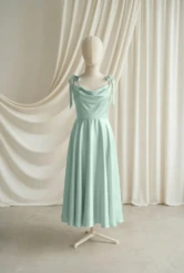Tilly Green Satin Junior Bridesmaid Dress by TH&TH — Dusty Eucalyptus, front
