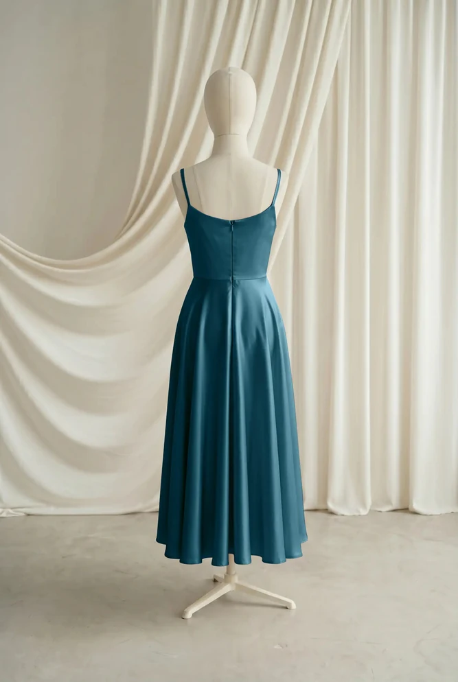 Tilly Green Satin Junior Bridesmaid Dress by TH&TH — Emerald Dawn, back Tilly Green Satin Junior Bridesmaid Dress by TH&TH — Emerald Dawn, back