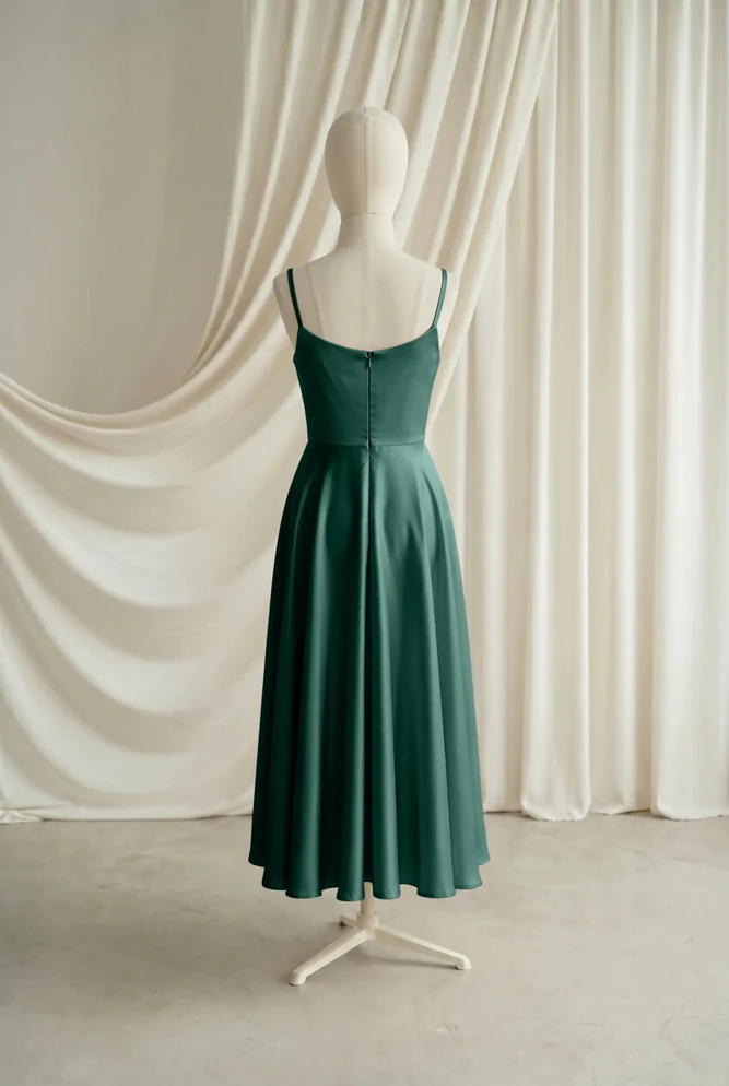 Tilly Green Satin Junior Bridesmaid Dress by TH&TH — Forest Green, back Tilly Green Satin Junior Bridesmaid Dress by TH&TH — Forest Green, back