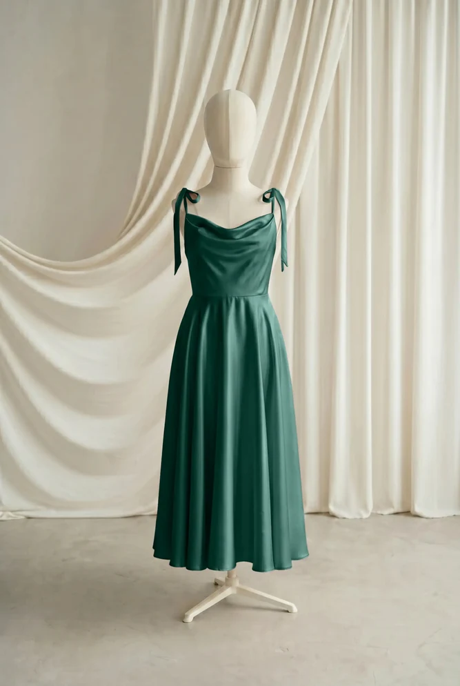 Tilly Green Satin Junior Bridesmaid Dress by TH&TH — Forest Green, front Tilly Green Satin Junior Bridesmaid Dress by TH&TH — Forest Green, front
