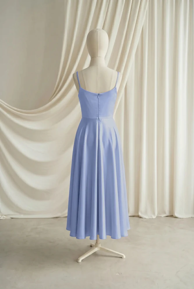 Tilly Blue Satin Junior Bridesmaid Dress by TH&TH — French Blue, back Tilly Blue Satin Junior Bridesmaid Dress by TH&TH — French Blue, back
