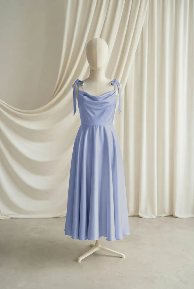 Tilly Blue Satin Junior Bridesmaid Dress by TH&TH — French Blue, front Tilly Blue Satin Junior Bridesmaid Dress by TH&TH — French Blue, front