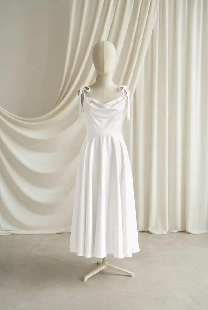 Tilly Neutral Satin Junior Bridesmaid Dress by TH&TH — Ivory, front Tilly Neutral Satin Junior Bridesmaid Dress by TH&TH — Ivory, front