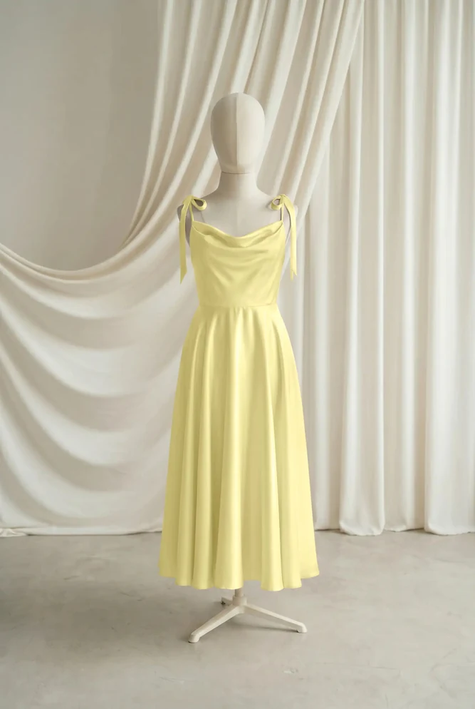 Tilly Yellow Satin Junior Bridesmaid Dress by TH&TH — Limoncello, front Tilly Yellow Satin Junior Bridesmaid Dress by TH&TH — Limoncello, front