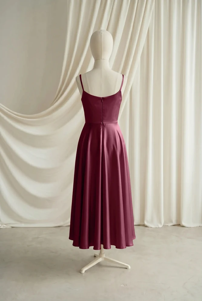 Tilly Burgundy Satin Junior Bridesmaid Dress by TH&TH — Merlot, back Tilly Burgundy Satin Junior Bridesmaid Dress by TH&TH — Merlot, back