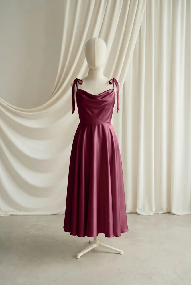 Tilly Burgundy Satin Junior Bridesmaid Dress by TH&TH — Merlot, front Tilly Burgundy Satin Junior Bridesmaid Dress by TH&TH — Merlot, front