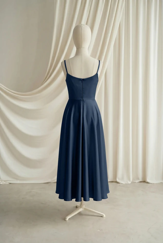 Tilly Navy Satin Junior Bridesmaid Dress by TH&TH — Navy, back Tilly Navy Satin Junior Bridesmaid Dress by TH&TH — Navy, back