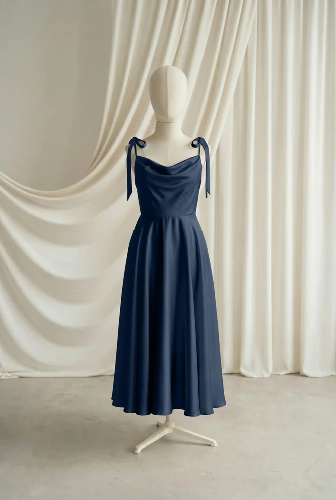 Tilly Navy Satin Junior Bridesmaid Dress by TH&TH — Navy, front Tilly Navy Satin Junior Bridesmaid Dress by TH&TH — Navy, front