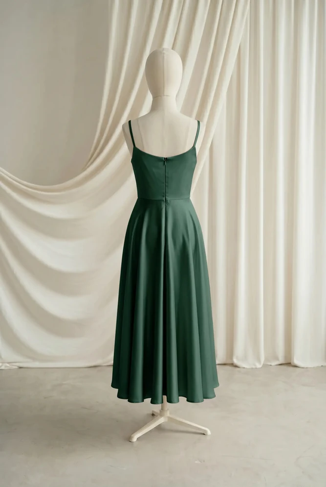 Tilly Green Satin Junior Bridesmaid Dress by TH&TH — Olive Grove, back Tilly Green Satin Junior Bridesmaid Dress by TH&TH — Olive Grove, back