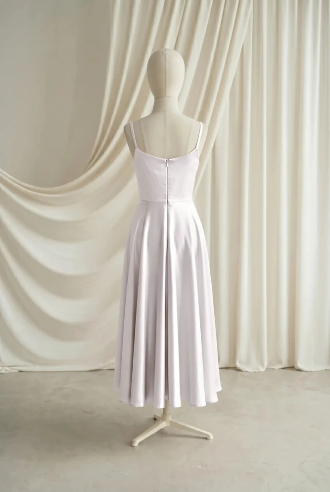 Tilly Neutral Satin Junior Bridesmaid Dress by TH&TH — Oyster, back Tilly Neutral Satin Junior Bridesmaid Dress by TH&TH — Oyster, back