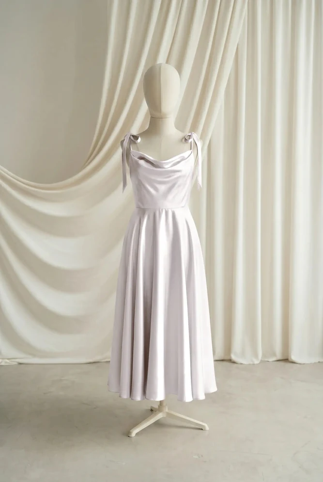 Tilly Neutral Satin Junior Bridesmaid Dress by TH&TH — Oyster, front Tilly Neutral Satin Junior Bridesmaid Dress by TH&TH — Oyster, front