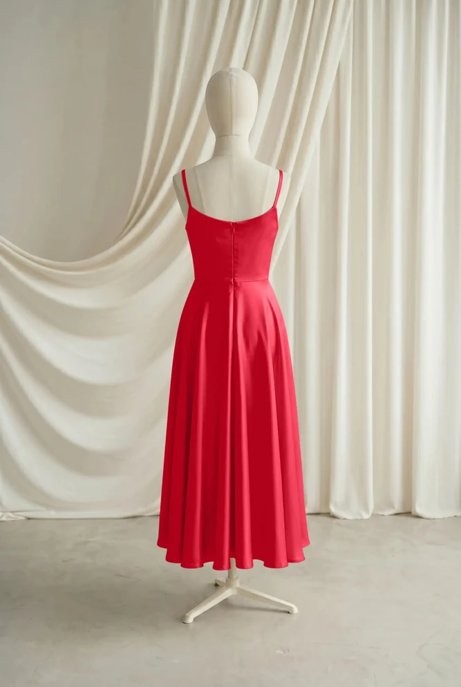 Tilly Red Satin Junior Bridesmaid Dress by TH&TH — Ruby, back Tilly Red Satin Junior Bridesmaid Dress by TH&TH — Ruby, back