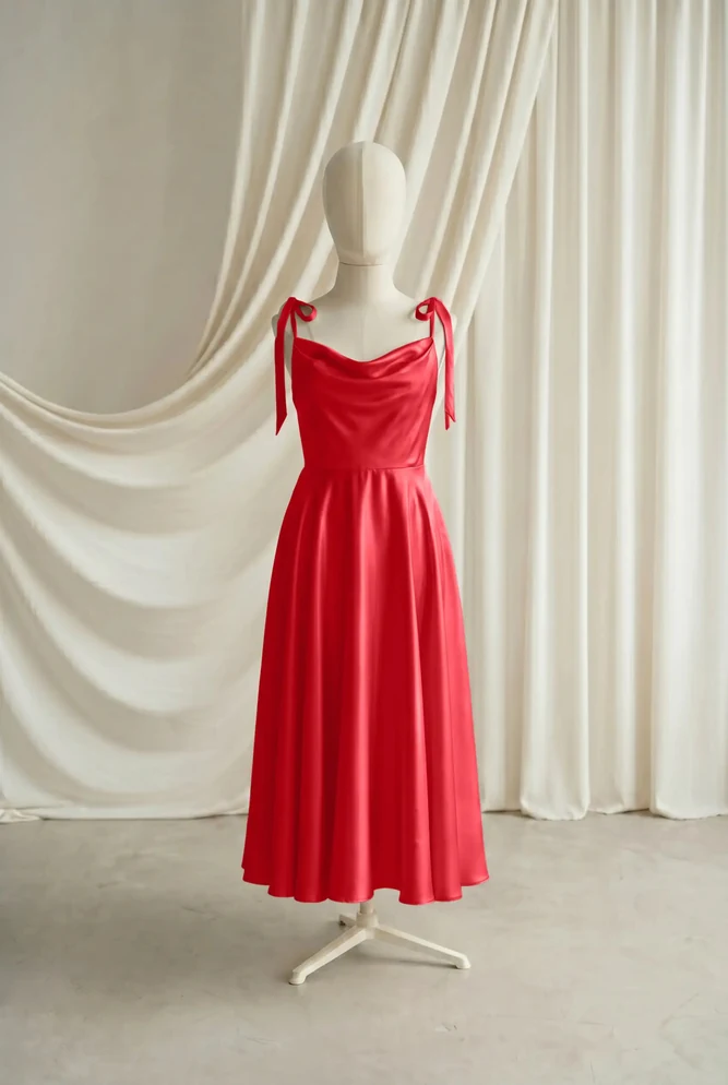 Tilly Red Satin Junior Bridesmaid Dress by TH&TH — Ruby, front Tilly Red Satin Junior Bridesmaid Dress by TH&TH — Ruby, front