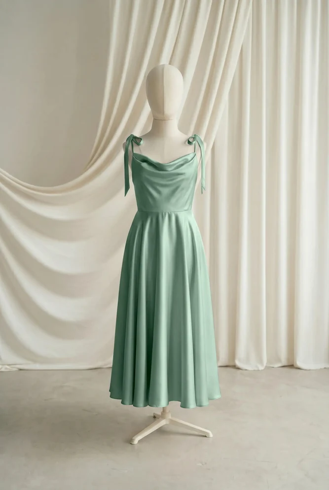 Tilly Green Satin Junior Bridesmaid Dress by TH&TH — Sage Green, front Tilly Green Satin Junior Bridesmaid Dress by TH&TH — Sage Green, front