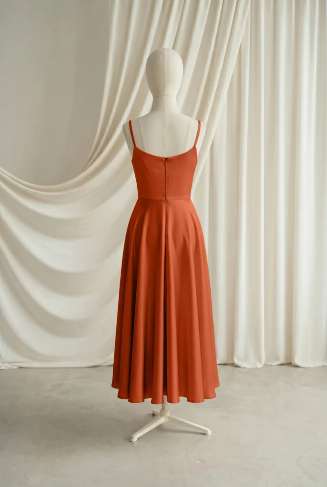 Tilly Orange Satin Junior Bridesmaid Dress by TH&TH — Terracotta, back Tilly Orange Satin Junior Bridesmaid Dress by TH&TH — Terracotta, back