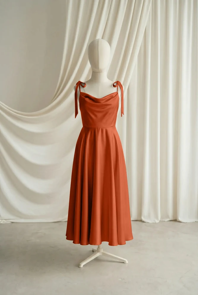Tilly Orange Satin Junior Bridesmaid Dress by TH&TH — Terracotta, front Tilly Orange Satin Junior Bridesmaid Dress by TH&TH — Terracotta, front