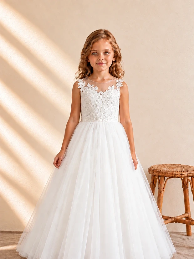 Arabella Ivory Illusion Lace Tulle Flower Girl Dress by Dressology