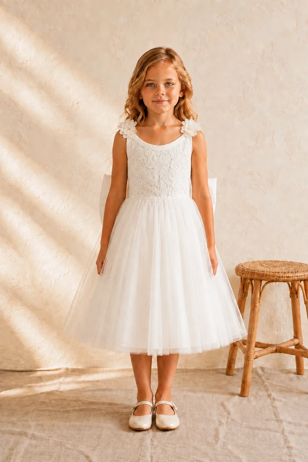 Florence Ivory Lace Tulle Flower Girl Dress by Dressology - front, guipure lace bodice with pearl-centred lace shoulder flowers